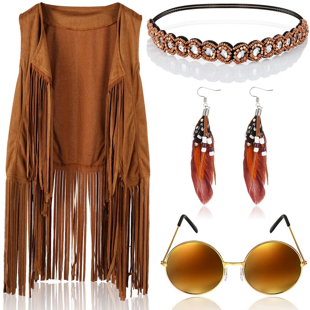 Hippie Costume Set, 60s 70s Women Hippie Costume Accessories Set, Tassel Vest \u0026 Boho Headband \u0026 Tassel Earrings \u0026 Sunglasses, Sleeveless Fringe Vest Hippie Set for Costume Party Cosplay